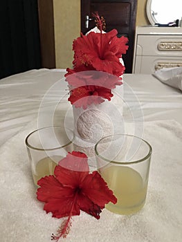 Two glasses with cold limoncello drink on a white background. Tropical red flowers adorn the still life