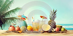 Two glasses with cold refreshing summer drinks. Ice lemonade and tropical exotic fruits on beach on sky and palm leaf background.