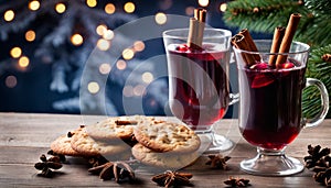 Two glasses of cranberry juice and cookies on a table