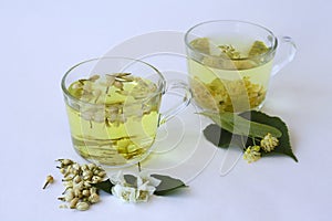 Two glasses cups with herbal hot jasmine tea and Tea from Linden flowers