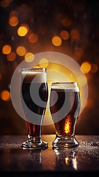 Two glasses of dark beer with blurred background