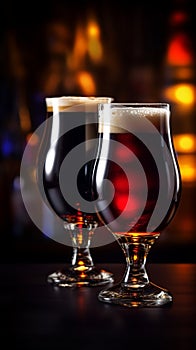 Two glasses of dark beer with blurred background
