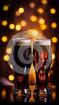 Two glasses of dark beer with blurred background