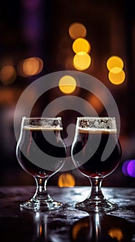 Two glasses of dark beer with blurred background