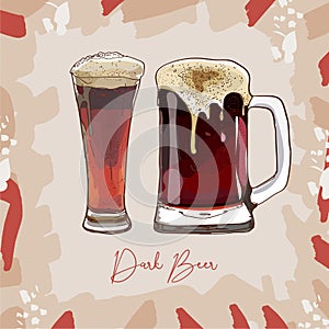 Two glasses of dark beer, hand-drawing oktoberfest beer, beer with foam. Vector drawing