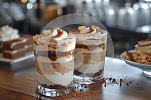 Two glasses of dessert on a table Zuppa Inglese, a sweet and creamy dish