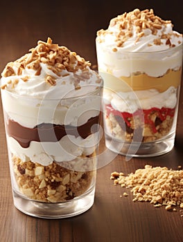 two glasses of desserts with whipped cream and crumbles