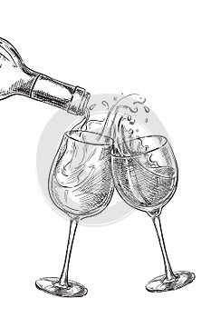 Two glasses with drinks. Wine pouring from bottle into glass, sketch vector illustration.