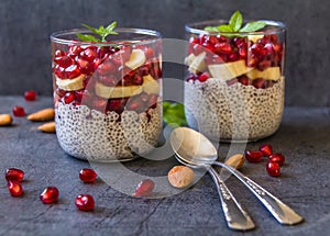 Two glasses filled with almond milk chia seeds pudding, pomegranate seeds, banana slices & fresh mint leaves against dark backgrou