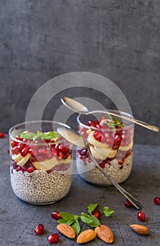 Two glasses filled with almond milk chia seeds pudding, pomegranate seeds, banana slices & fresh mint leaves against dark backgrou