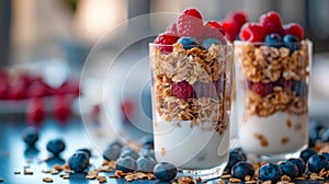 Two glasses filled with yogurt and berries on a table, AI