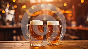Two glasses with fresh cold beer on wooden table with blurred pub background