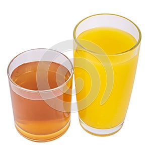 Two glasses of fresh orange and apple juice isolate