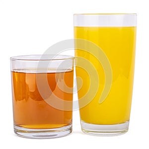 Two glasses of fresh orange and apple juice isolate