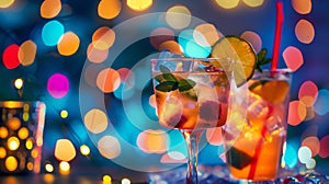 Two glasses with fruit and ice on table