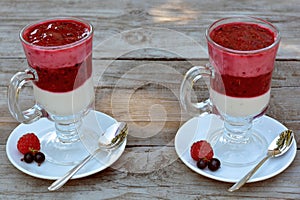 Two glasses full of delicious yogurt with fresh, juicy raspberry and blackcurrant on white plates