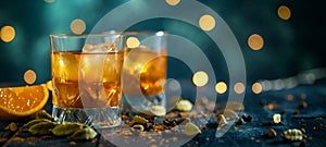 Two glasses of golden whiskey, orange slice, a toast to good times. Copy space