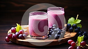 Two glasses of grape smoothies on dark wooden background, selective focus
