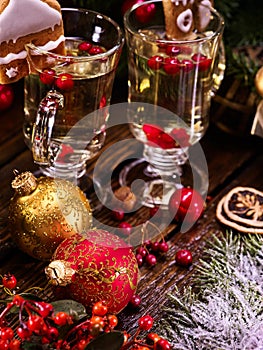 Two glasses of hot tea with wine, close-up.