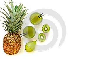 Two glasses of kiwi, pineapple, pear juice isolated on white and ingredients.