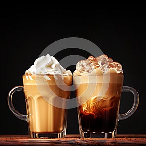 Two glasses of layered coffee with whipped cream over dark background