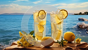 Two glasses of lemonade against the backdrop of the sea and in sunny weather.