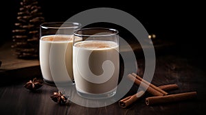 two glasses of milk with cinnamons and anise on the side of the glass, on a wooden table, with a pine cone of cinnamons and anise