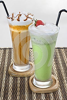 Two Glasses of Mocca and Green Tea Smoothies