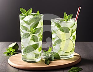Two glasses of mojito cocktails with lime wedges and mint leaves on a wooden cutting board.