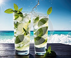 Two glasses of mojito cocktails on a wooden table overlooking the ocean.