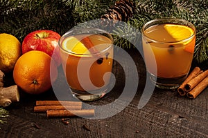 Two glasses of Mulled Wassail Cider with cinnamon sticks horizontal shot with fruit