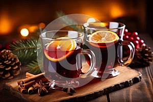 Two glasses of mulled wine on the festive table, blurred Christmas lights on background