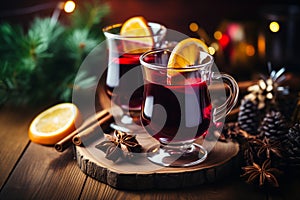 Two glasses of mulled wine on the festive table, blurred Christmas lights on background