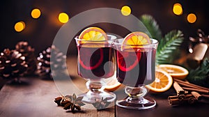 Two glasses of mulled wine on rustic wooden table over christmas background with boken lights . Warming drinks. 2 glasses of hot