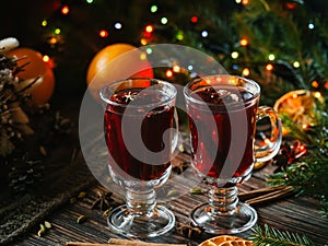 Two glasses with mulled wine on a wooden table with orange, cinnamon, cardamom, anise stars. Traditional winter hot