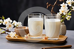 Two glasses of nut milk next to white flower, vegan diet, healthy eating concept.