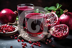 Two glasses of pomegranate juice near fresh juicy pomegranates on a black background. Created with Generative AI