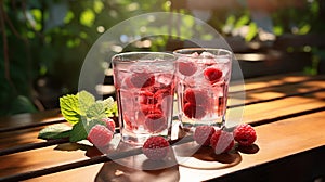 Two glasses with raspberries and ice on wooden table at garden