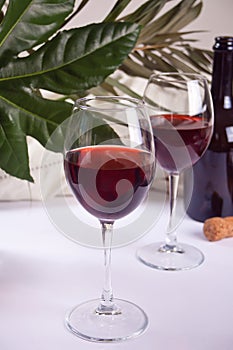 Two glasses with red grape wine with bottle on the background. Romantic dinner concept