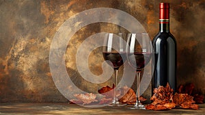 Two glasses with red wine and a bottle of wine, autumn leaves, copy space.