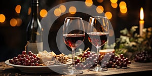 Two glasses of red wine, a bottle of wine, grapes, candles against a background of festive golden bokeh