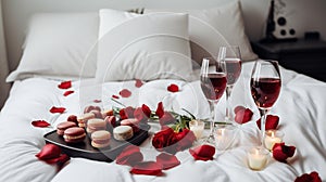 Two glasses of red wine, a bouquet of red tulips, chocolate and a bottle of wine on the bed. Free space for display.