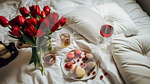 Two glasses of red wine, a bouquet of red tulips, chocolate and a bottle of wine on the bed. Free space for display.