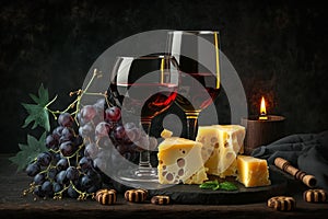 Two glasses of red wine, brie cheese and honey sealed in the oven and fresh grapes black background