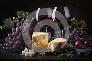 Two glasses of red wine, brie cheese and honey sealed in the oven and fresh grapes black background