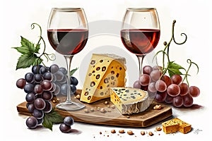 Two glasses of red wine, Brie cheese and honey sealed in the oven and fresh grapes white background