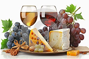 Two glasses of red wine, brie cheese and honey sealed in the oven and fresh grapes, white background