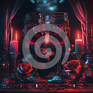 Two glasses of red wine, candles and roses on the table