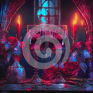 Two glasses of red wine, candles and roses on the table