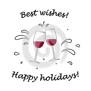 Two glasses with red wine cheers and best wishes text isolated on the white background vector illustration